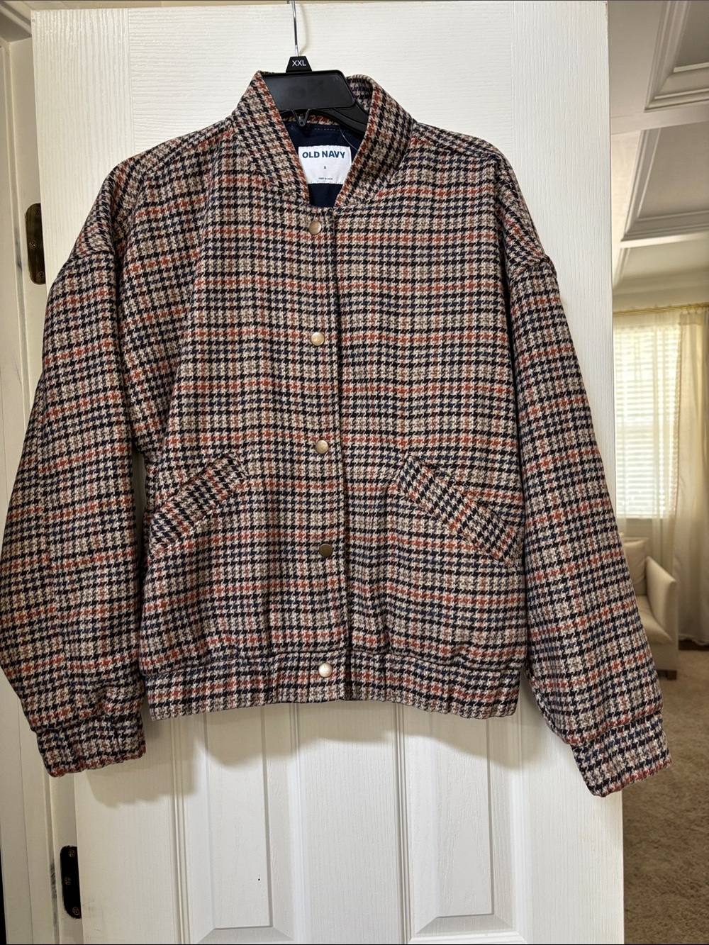 Old Navy Plaid Houndstooth bomber Jacket in Brown, Black, Cream